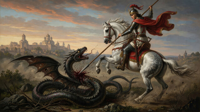 San Giorgio che sconfigge il drago, scena epica cavalleresca