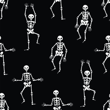 Skeleton Halloween seamless pattern with skulls bones spooky monochrome dark background illustration