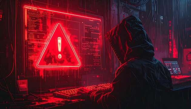 A person in a hooded jacket sits at a computer illuminated by ominous red light, viewing a glowing attention icon