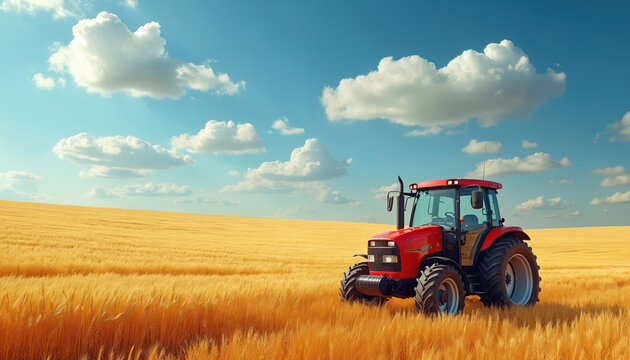 Red tractor works in golden wheat field under bright blue sky with fluffy clouds. Agricultural machine cultivates farmland, prepares land for future crops.