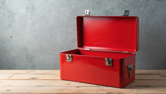 Open empty red metal toolbox on wooden surface. Bright red container with silver latches, ready for tools, repair work, or organisation needs. Sturdy, classic design.