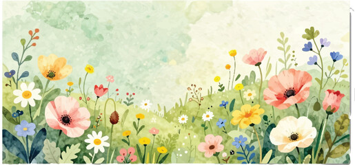 Watercolor wildflower meadow landscape banner with colorful spring poppies and daisies on textured green background © Shahnaz