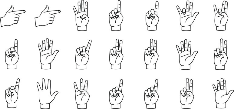 Hand gesture line icon set with counting fingers pointing sign language and communication symbols for interface instruction design, Vector illustration