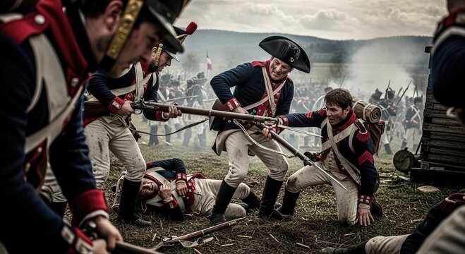 Soldiers fighting during historic battle. Infantry man using musket on field. Conflict and military action, dramatic scene of nineteenth century war with caucasian man in uniform.