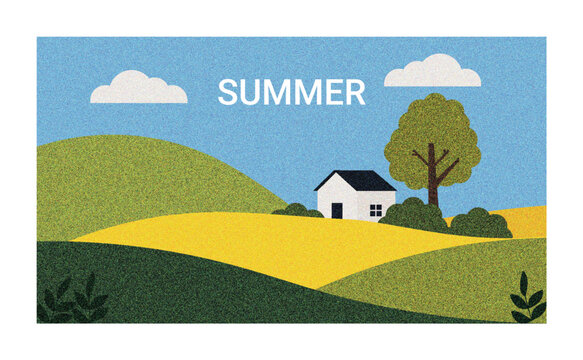 Stylized summertime landscape featuring rolling hills a golden field a house and a tree