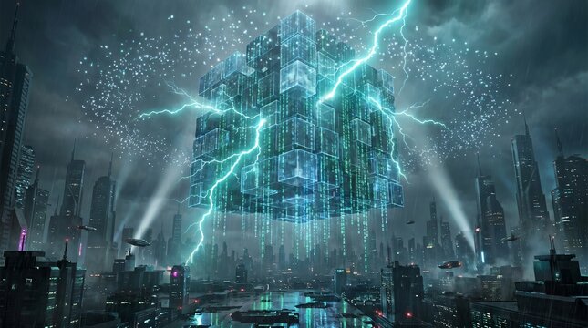 Futuristic cityscape with glowing cube and digital rain effect dramatic lighting silhouette