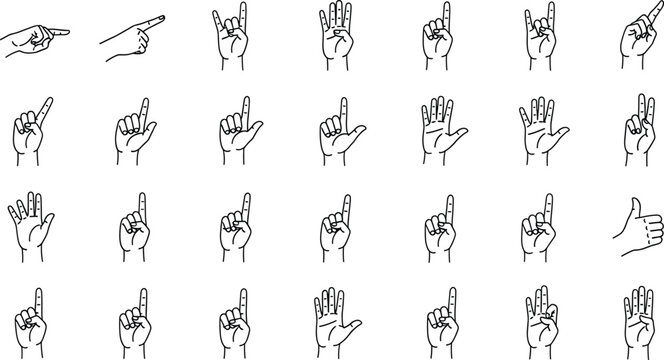 Hand sign and finger counting line icon set with pointing direction thumbs up and numeric gesture symbols for user interaction design, Vector illustration