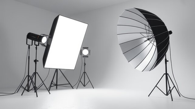 Professional photography lighting equipment with softbox and umbrella reflector setup in a creative studio