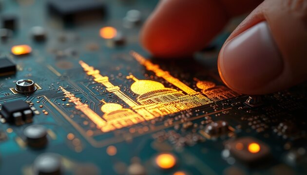 Finger touches illuminated mosque design on circuit board. Miniature Islamic architecture integrated with technology, symbolizing digital future and innovation in urban planning.