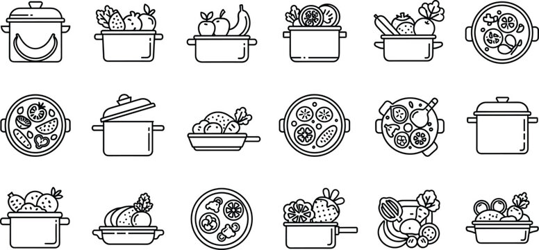 Healthy food cooking icons, vegetable and fruit pots, soup bowls top view, kitchen cookware collection, black and white outline style, line art vector set