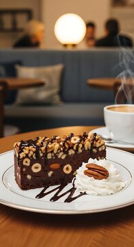 Rich chocolate brownie topped with nuts and whipped cream, beside steaming coffee