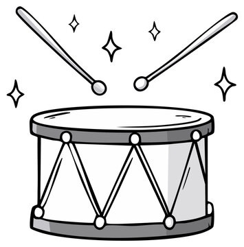 Black and White Cartoon Snare Drum and Drumsticks with Sparkles Drawing