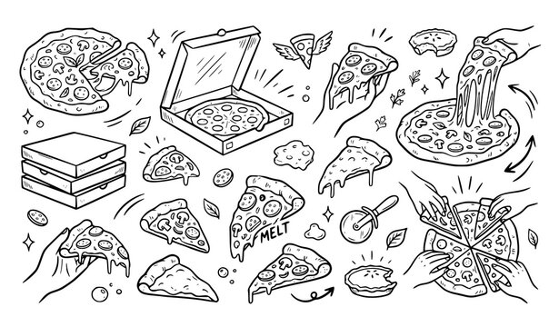 Hand drawn pizza doodle illustration set vector pizzeria collection