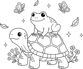 Obraz premium Turtle and frog coloring page cute animal illustration for kids and adults