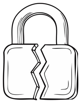 Broken padlock graphic with a zig-zag crack, representing security breach, vandalism, or access denied.