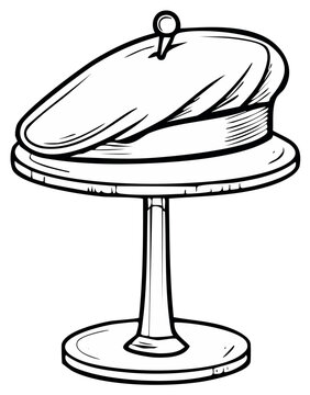 Traditional French beret hat on a millinery display stand in classic black and white line art