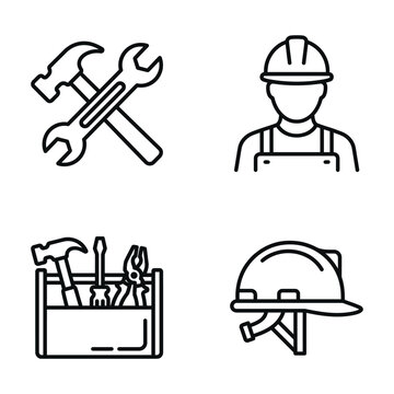 Construction and repair work line icons: hammer wrench worker toolbox safety helmet vector set with hard hat, icon set