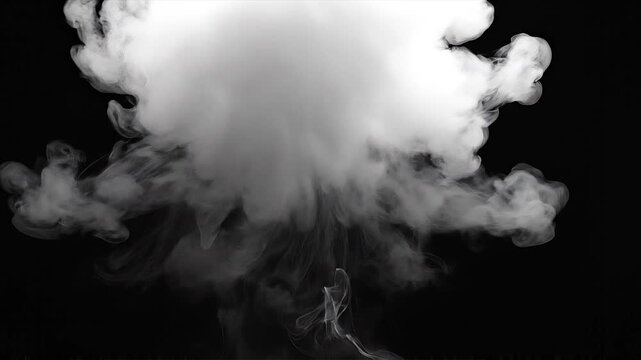 Abstract white smoke cloud swirling gracefully against a solid black background