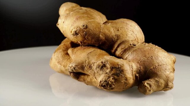 Fresh Raw Ginger Root Rotating on White Surface