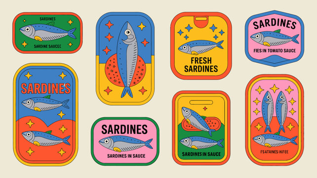colorful sardine can labels with fish illustrations and decorative elements vector illustration
