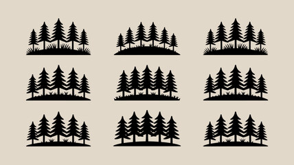 Nine black silhouette pine tree and grass arrangements on a neutral background © rocky