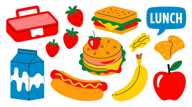 colorful lunchbox with food items and a lunch speech bubble on a white background