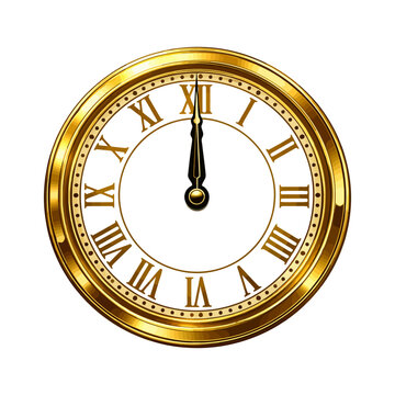 Gold Clock Illustration, Gold clock face with Roman numerals showing 12:00, symbolizing time, tradition, and festivity