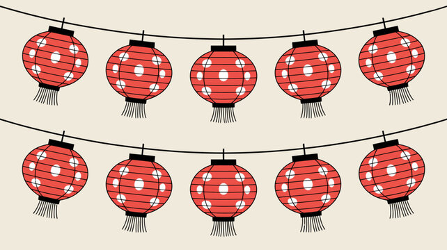 red paper lanterns with white polka dots hanging on strings decorative illustration