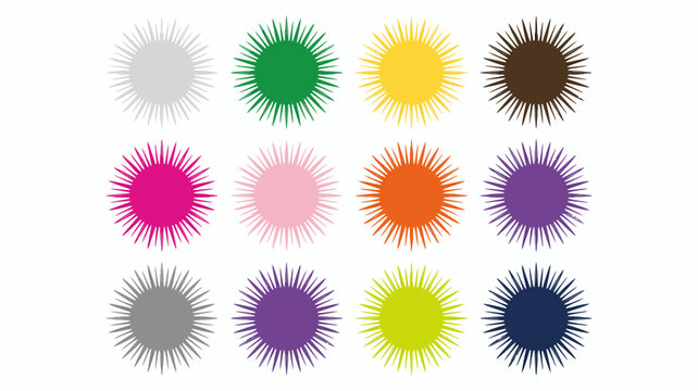 collection of twelve starburst shapes in various colors on a white background