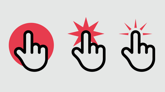 pointing hand icons with red circle starburst and rays ui elements for touch and interaction