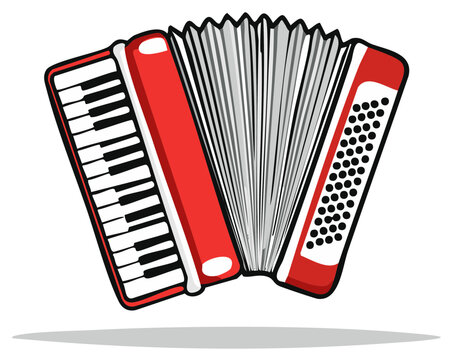 Red cartoon accordion with white keys and bellows, musical instrument design