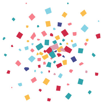 Vibrant multicolored confetti exploding in a festive celebration background. Abstract flying paper shapes scatter playfully