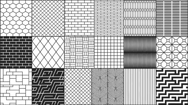 geometric pattern collection black and white line art tile designs in grid arrangement