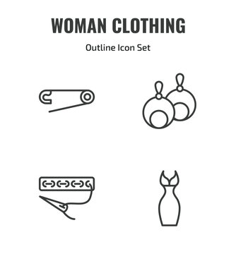 woman clothing outline icon set. thin line perdible pin, round earrings, clothing stitches, feminine fashion icons. editable vector