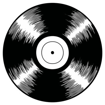 Black vinyl record with radial grooves and central label in a stylized illustration