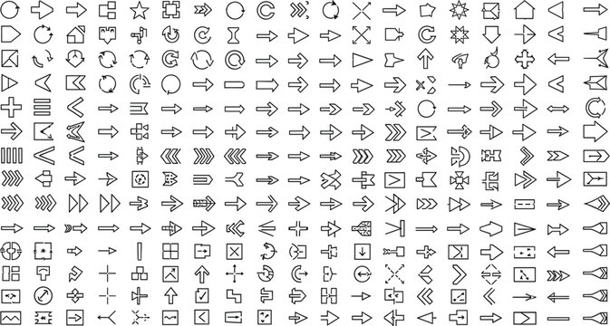 Mega Arrow Icon Set Vector Collection, Direction Navigation UI Interface Symbols, Pointers and Outline Buttons for Web and App Design.