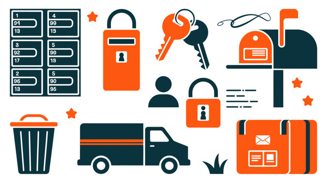 delivery service icons set with mailboxes trucks and security locks on a white background