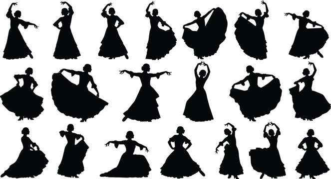 Silhouettes of flamenco dancers performing dynamic movements with dresses flowing.