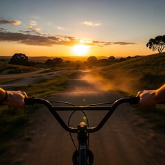 Obraz premium Rider's perspective on a dirt track during sunset, dust trails, open landscape