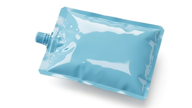 A light blue flexible plastic pouch with a screw cap on white background