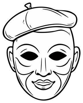 Stylized mime face with beret smiling. Cartoon character illustration with theatrical mask expression.