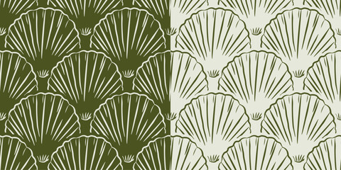 Seamless patterns scallop seashells in elegant olive green color palette. Trendy Mediterranean doodle style, For coastal branding, summer textiles, rustic wallpaper, organic bedding, and home textiles © Aikaterini