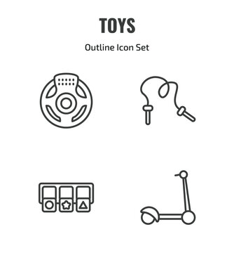 toys outline icon set. thin line steering wheel toy, skipping rope toy, shapes toy, scooter icons. editable vector