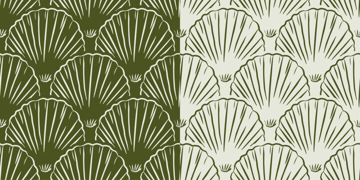 Seamless patterns scallop seashells in elegant olive green color palette. Trendy Mediterranean doodle style, For coastal branding, summer textiles, rustic wallpaper, organic bedding, and home textiles