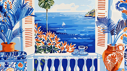 Naklejka premium Scenic mediterranean balcony view with coffee cups