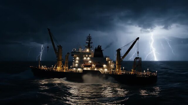 Military Ship Navigating Stormy Night with Lightning Strikes.