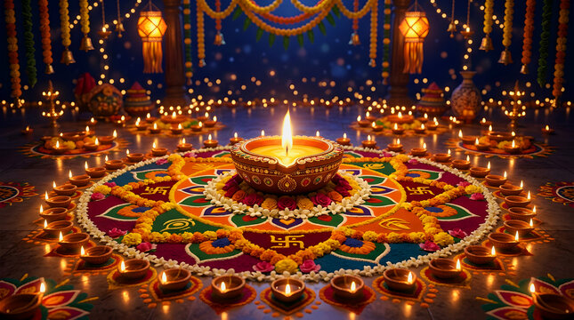 Diwali celebration with lit diya lamp on colorful rangoli surrounded by candles