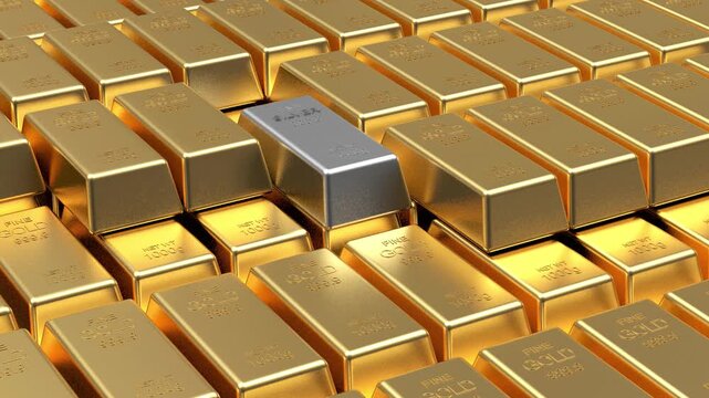 Rows of shiny gold bars with one silver bar, 3D animation.
