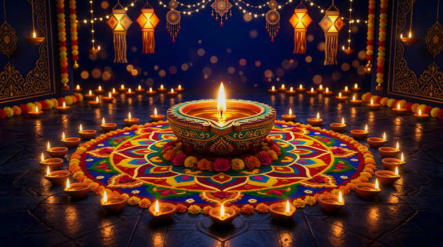 Diwali festival diya with colorful rangoli and candles in a decorated room
