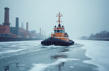 Fototapeta premium Tugboat navigates frozen industrial canal with factory chimneys in background. Icebreaker ship clears path for maritime transport in cold winter waters. Orange vessel moves through icy sea.